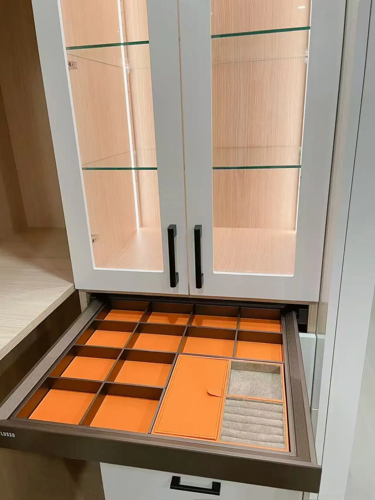 Open closet drawer with an orange lined jewellery insert divided into small sections