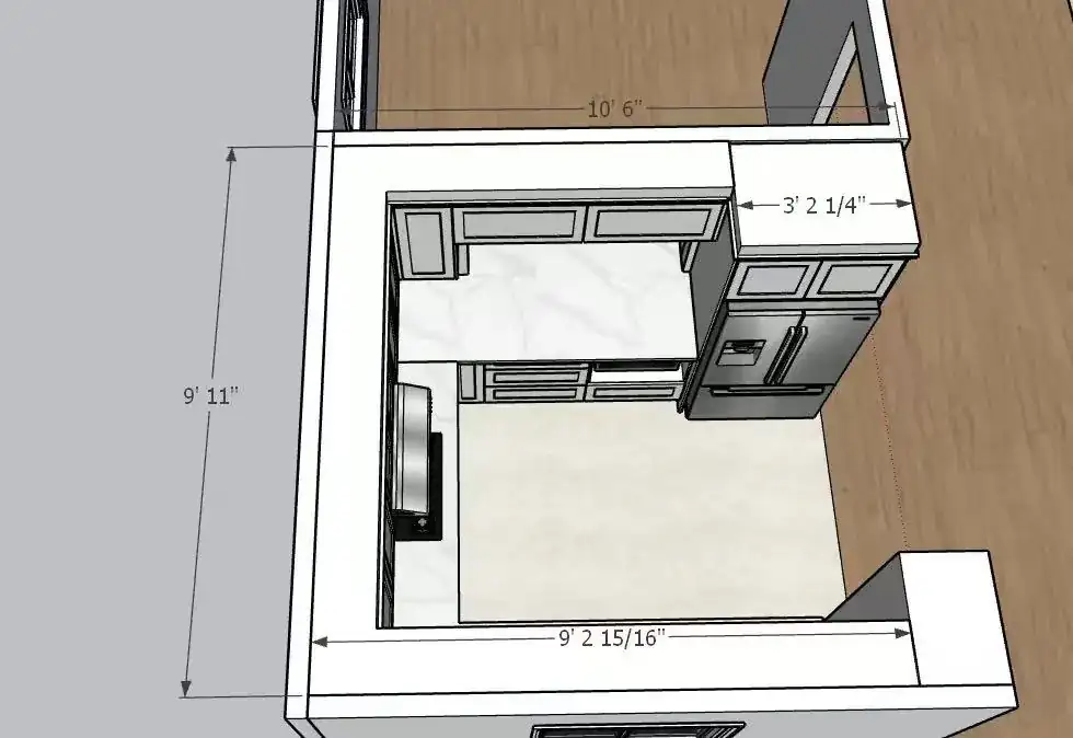 3D design drawing of a kitchen with each wall's length and the fridge opening measured