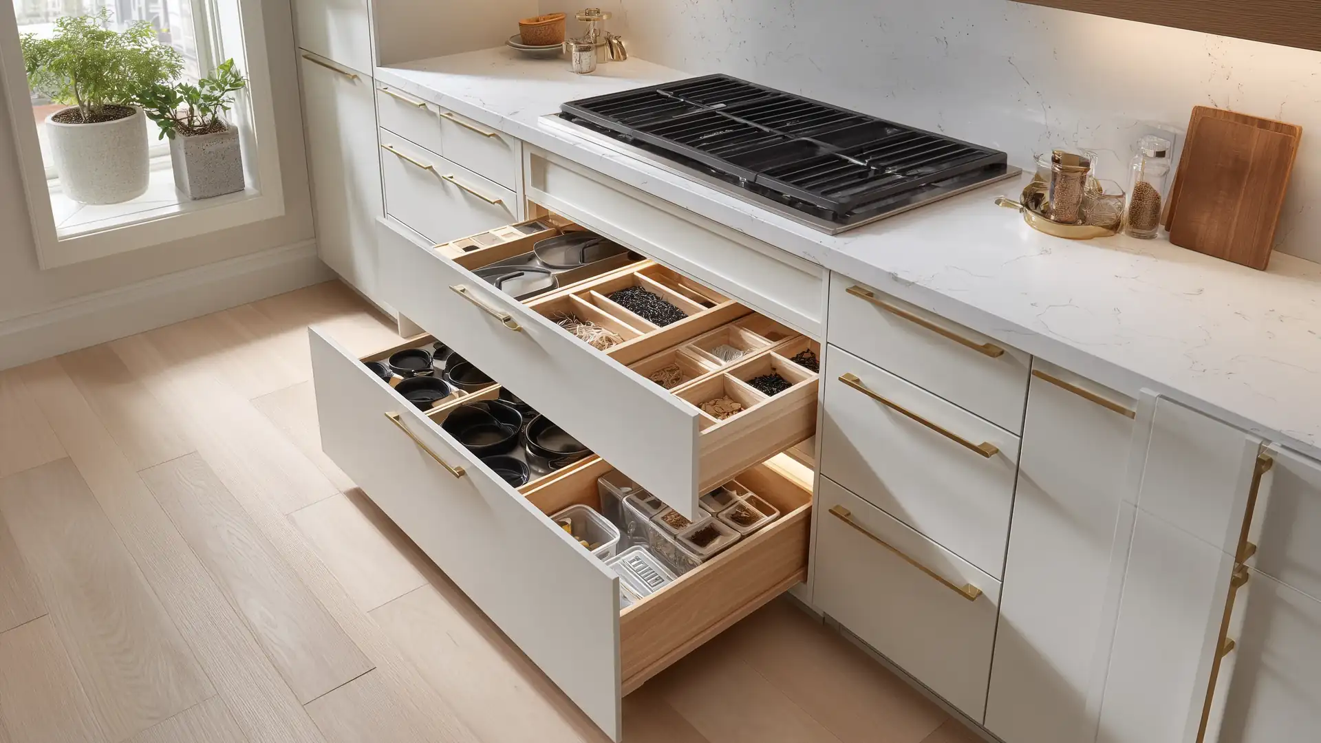Two deep drawers open below a gas cooktop, with oak dividers holding pots, pans, utensils and containers