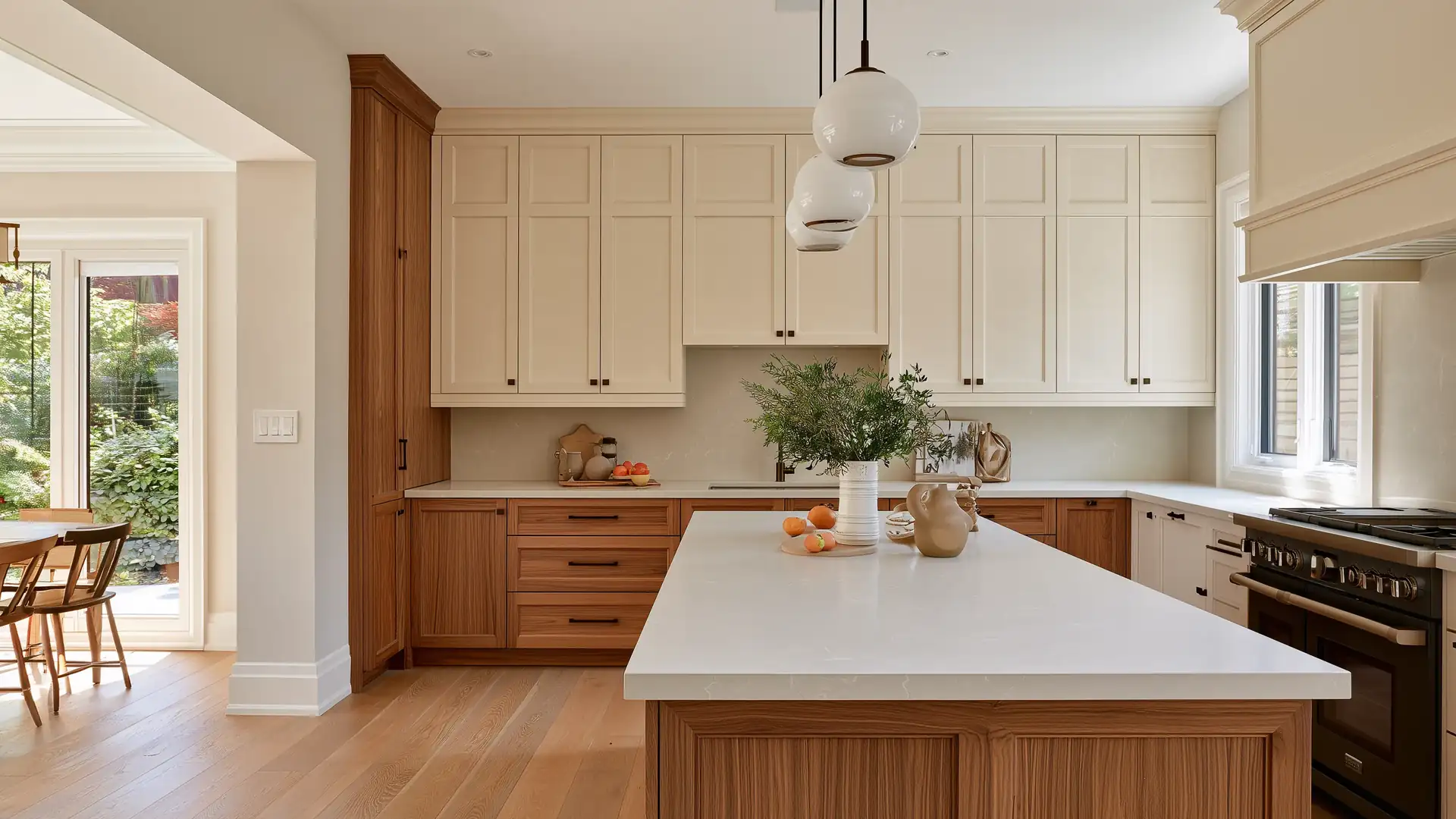 Custom kitchen with ivory and walnut cabinets, quartz countertops and practical built-in storage