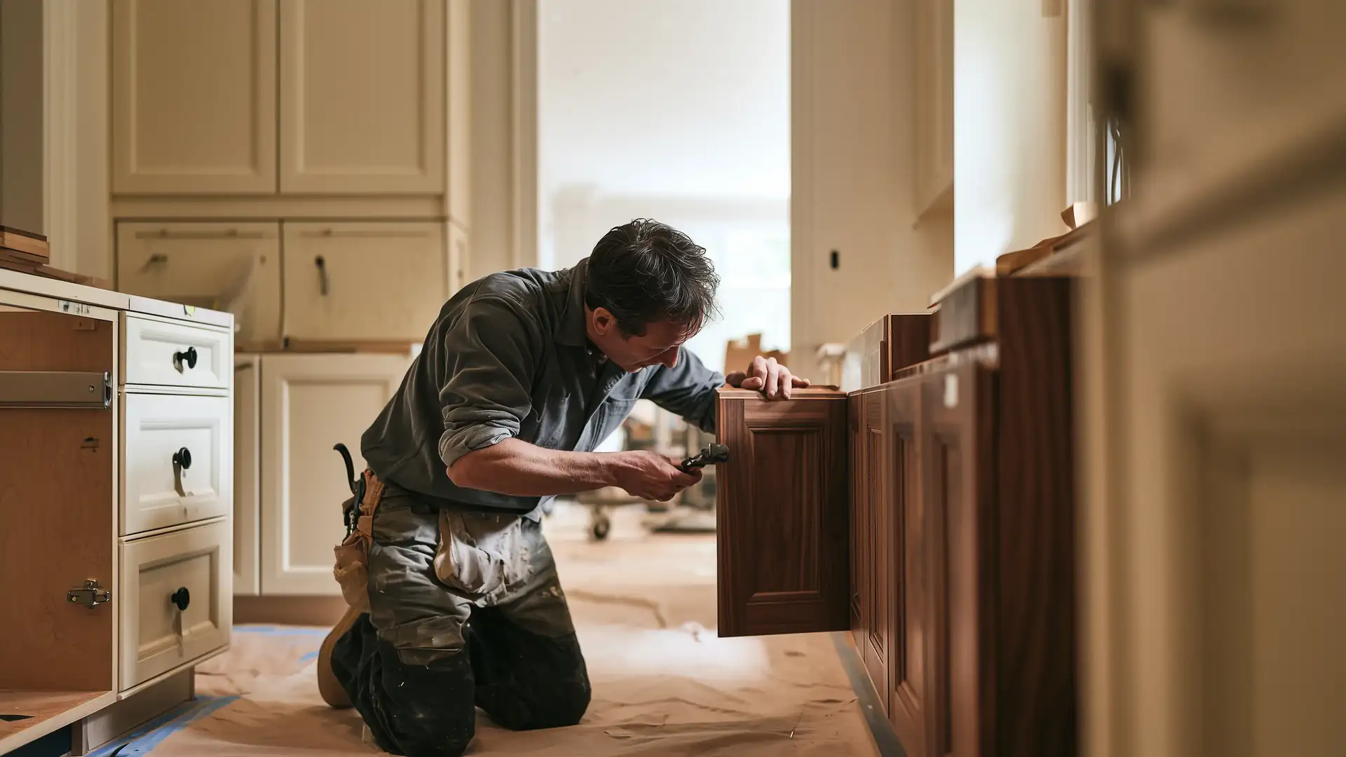 Cabinet installer aligning custom kitchen cabinets during a residential installation