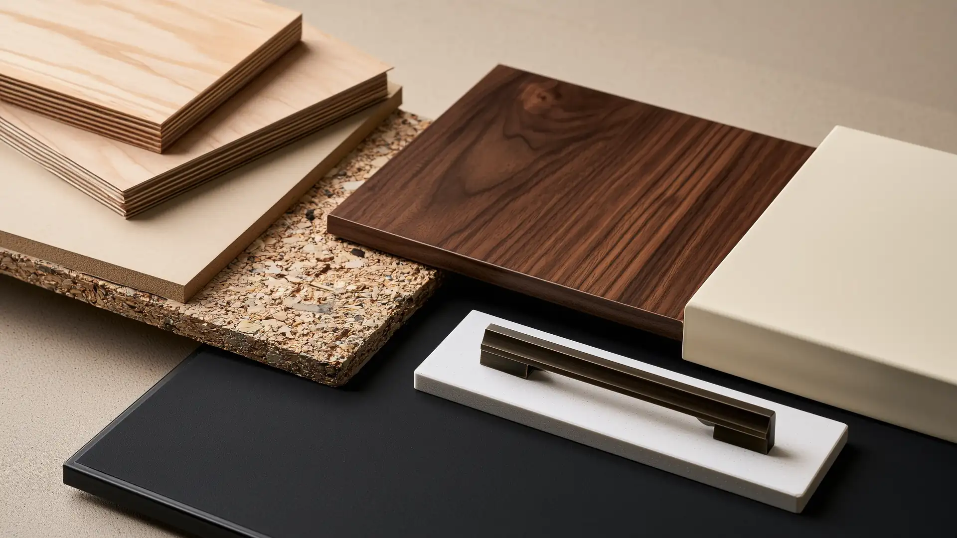Cabinet material samples including plywood, MDF, particle board, walnut doors and quartz countertop