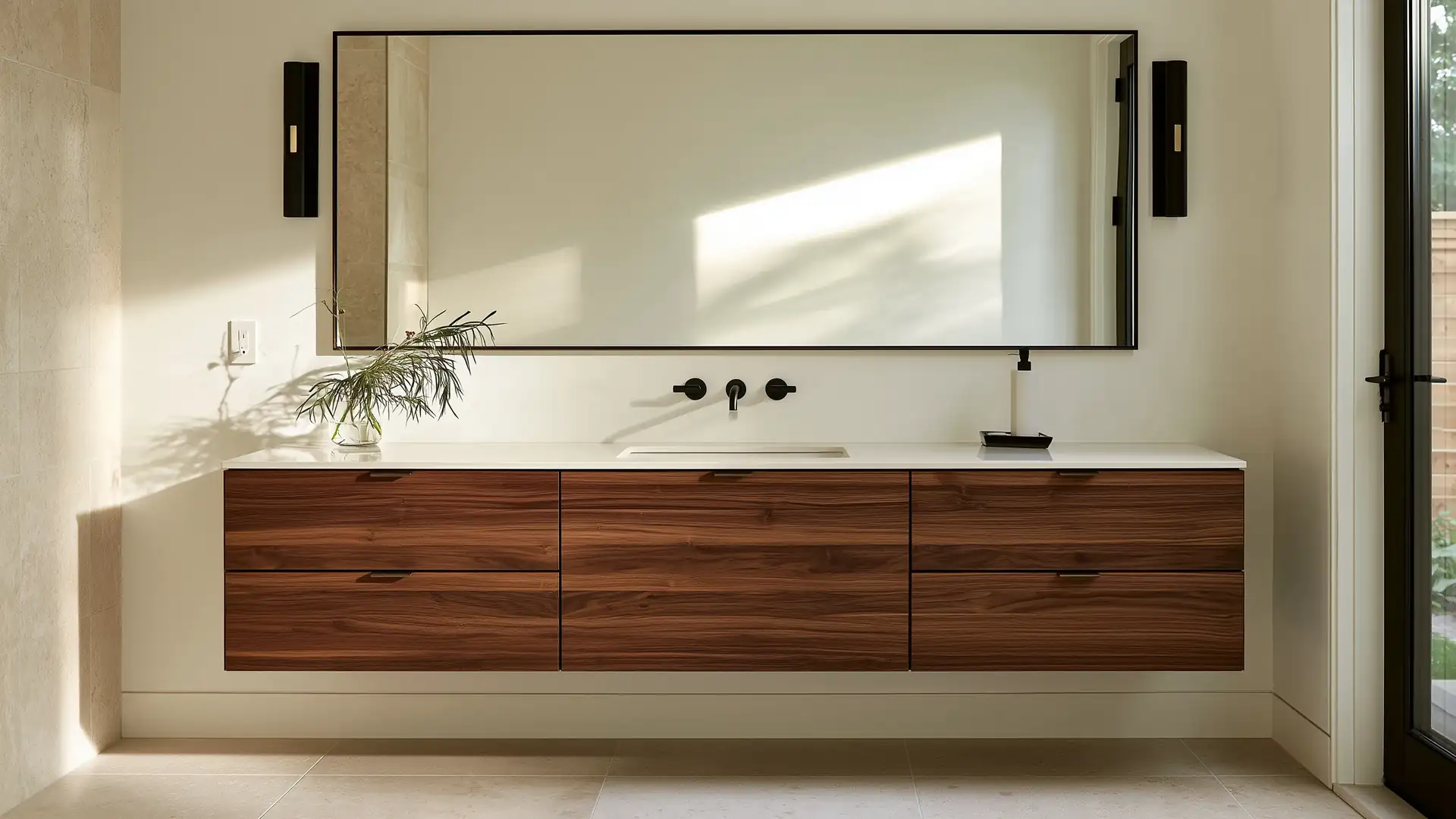 Custom walnut bathroom vanity with quartz countertop, fitted drawers and bronze cabinet handles