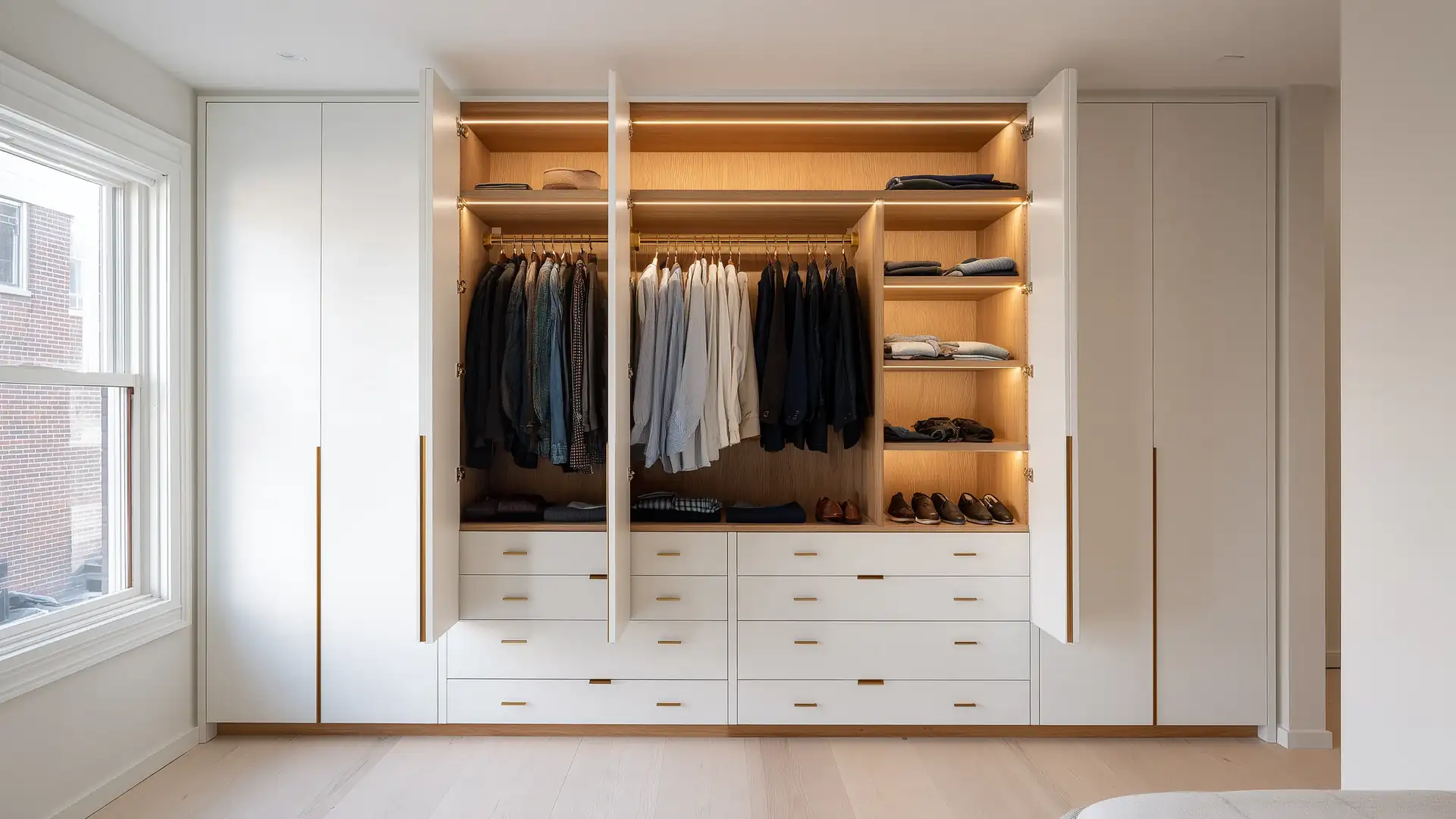 Built-in bedroom closet with white doors open to lit oak shelves, hanging rods, drawers and shoe shelves