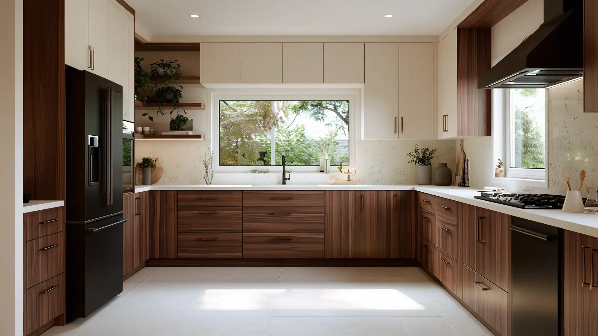 Custom kitchen cabinets with walnut lower units, ivory upper cabinets and integrated appliance storage