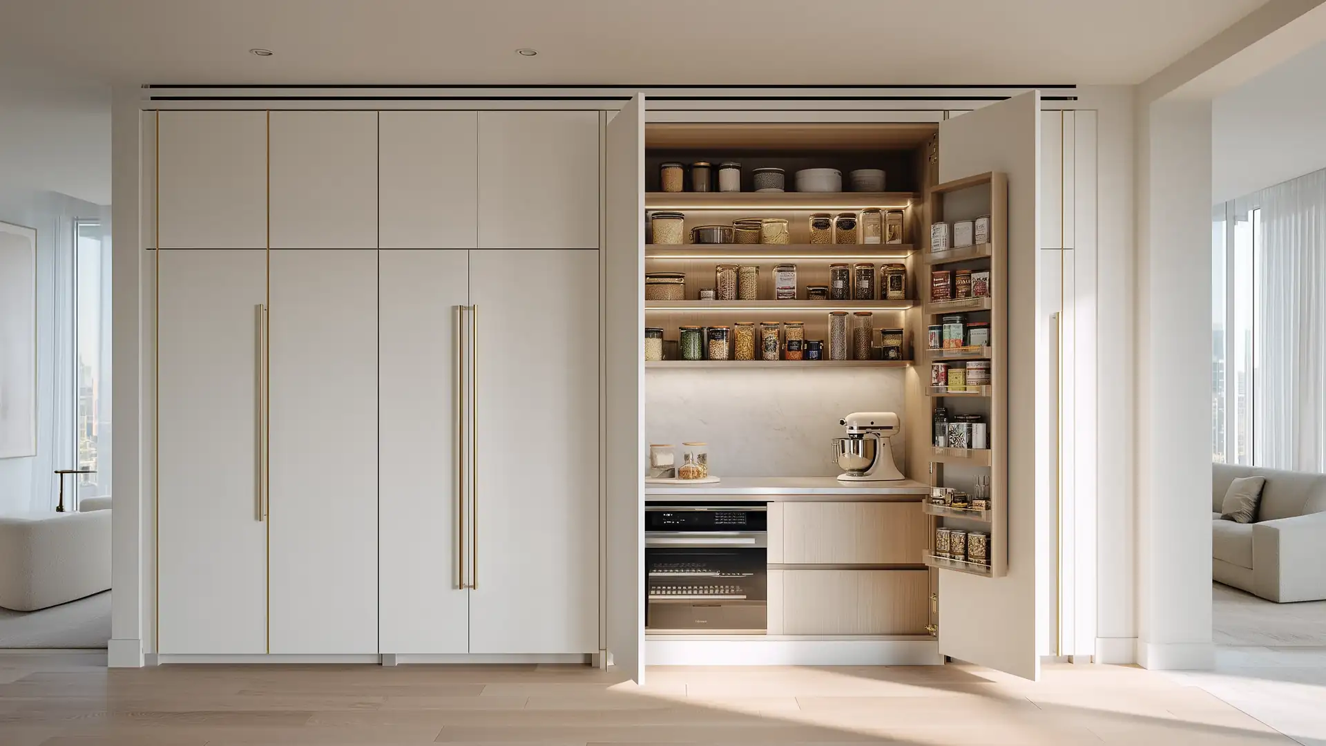 Wall of white pantry cabinets with one open to lit shelves of jars, a door rack of cans and a stand mixer
