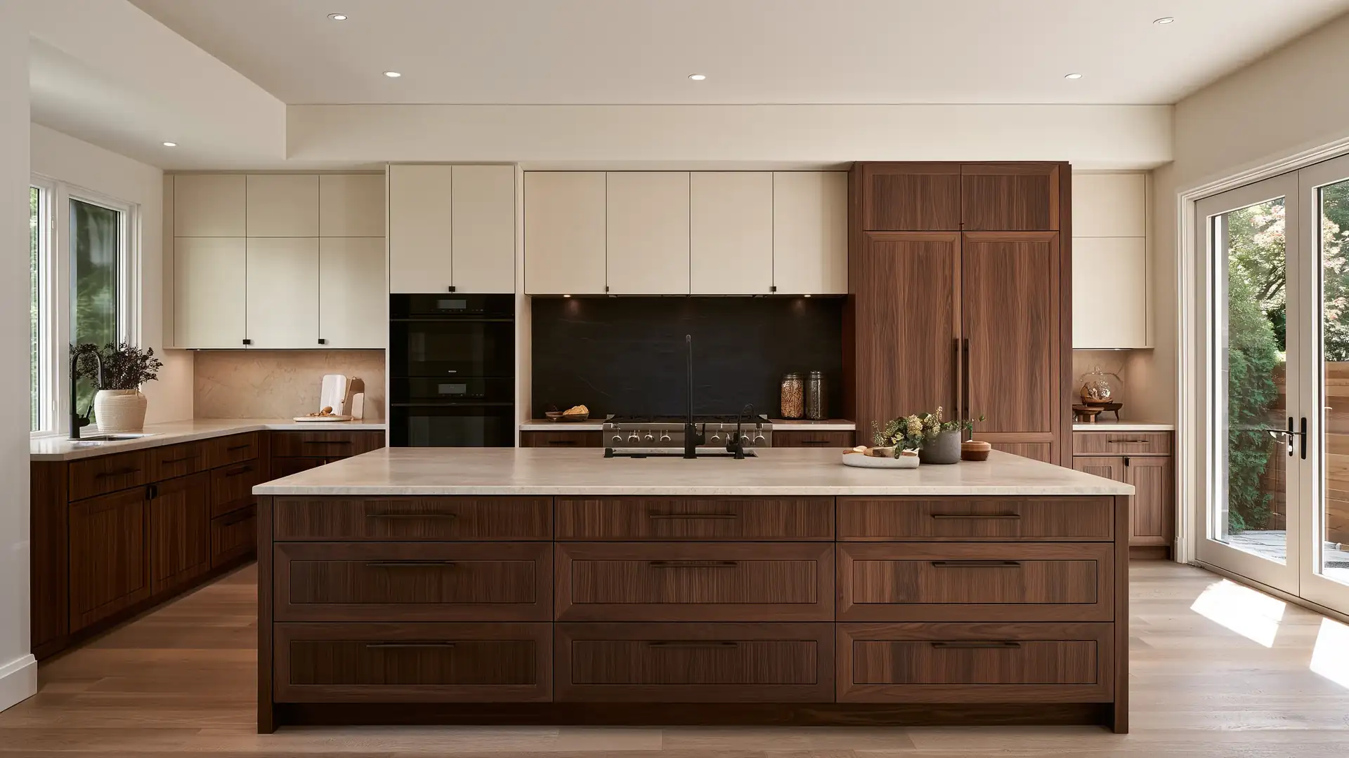 Custom Toronto kitchen with walnut cabinets, ivory upper cabinets, quartz island and built-in pantry storage