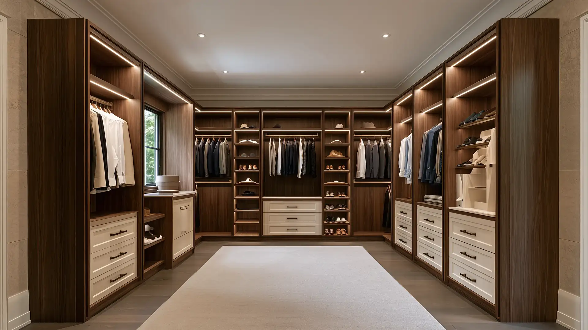 Custom walk-in closet with walnut and ivory cabinets, organized hanging space, drawers and shoe shelves