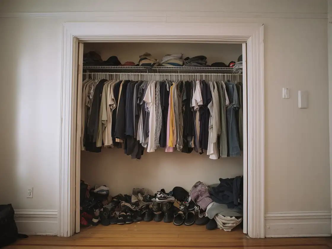 Reach-in closet with one wire shelf and rod, bare wall below the shirts and shoes piled on the floor