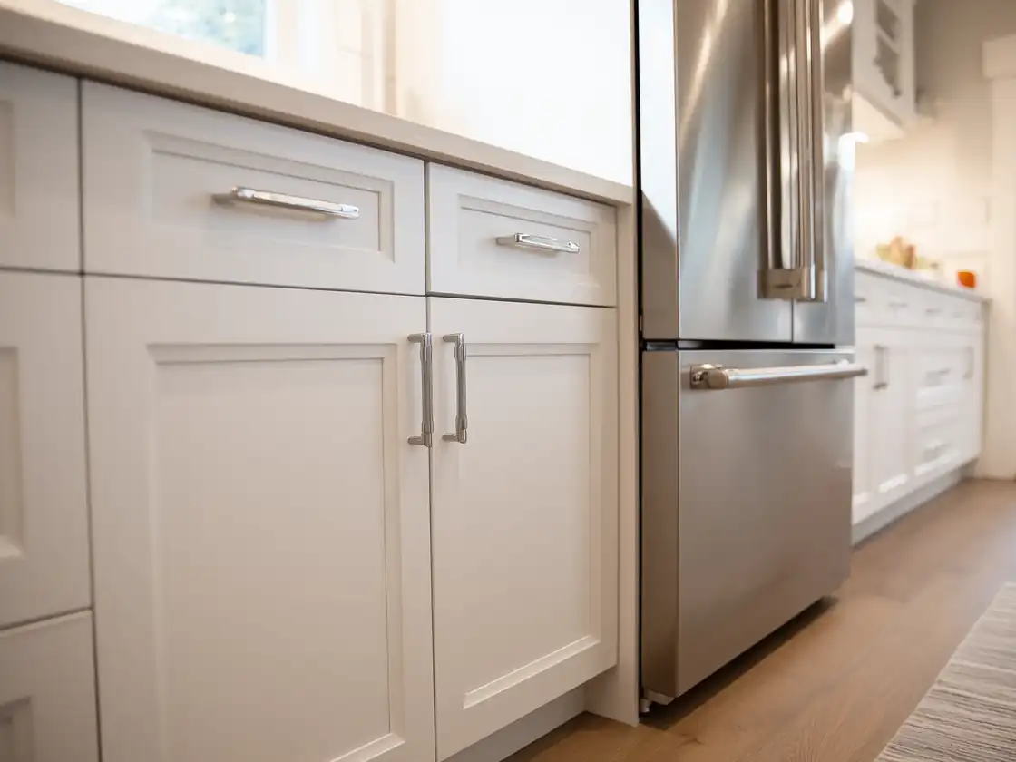 Standard-depth fridge sticking out past the fronts of white shaker kitchen cabinets