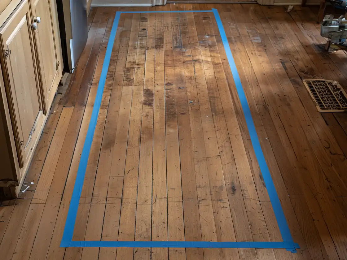 Blue painter's tape outlining a planned island on a worn wood kitchen floor beside the cabinets