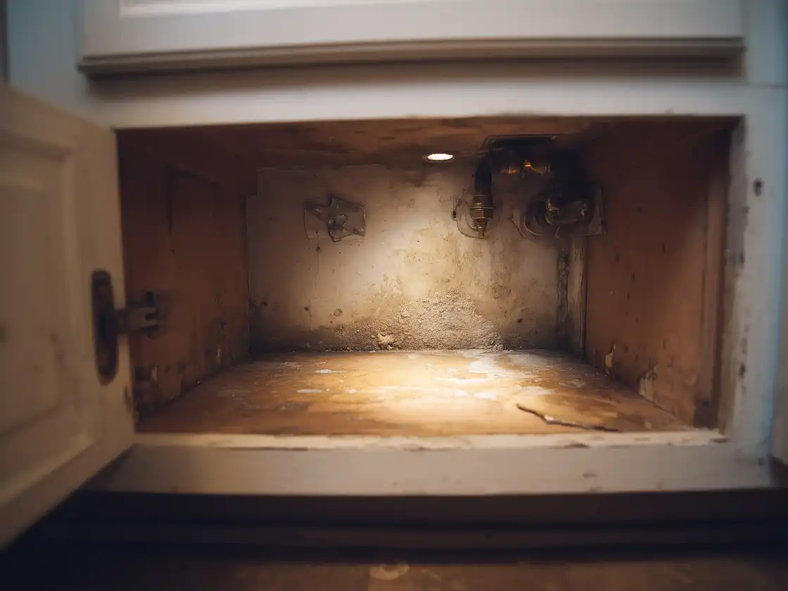 Water-stained sink base cabinet with a peeling floor and mildew on the back panel
